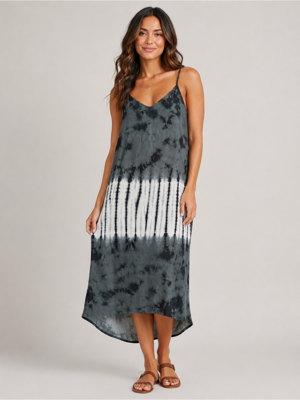 Velvet Heart Tie Dye Slip Dress L Black Gray Midi Maxi Lined Adjustable Straps